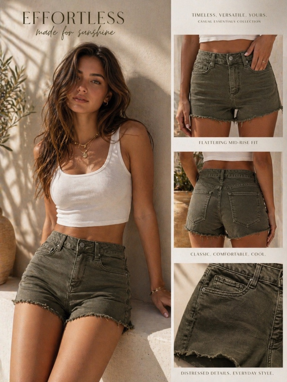 Arizona Jean Company Olive Green Distressed Mid-Rise Jean Shorts